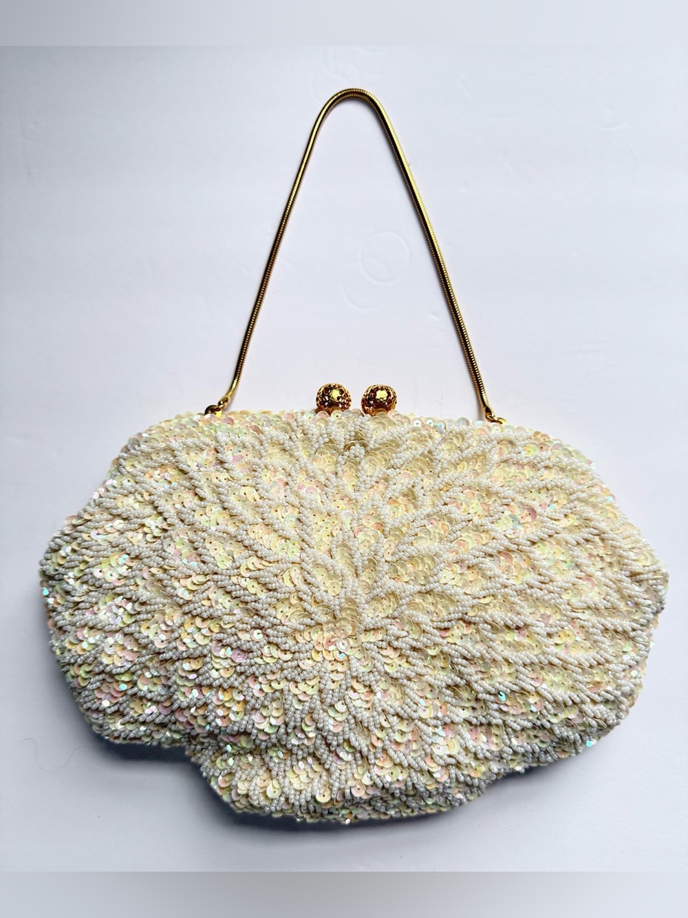 Vintage Hong Kong Hand Beaded Sequin Evening Bag Ivory Gold Purse
